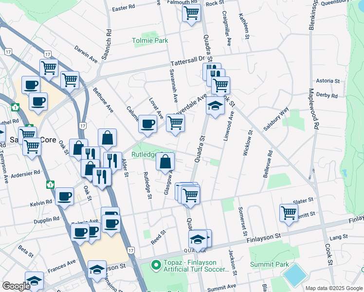 map of restaurants, bars, coffee shops, grocery stores, and more near 3315 Glasgow Avenue in Victoria