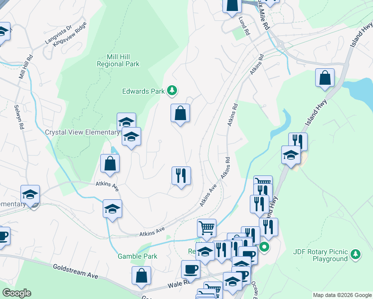 map of restaurants, bars, coffee shops, grocery stores, and more near 2562 Crystalview Drive in Victoria