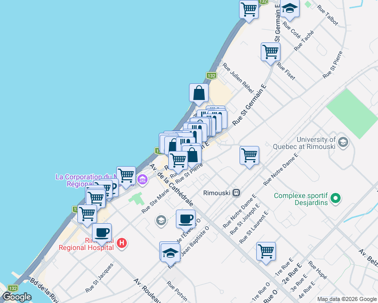map of restaurants, bars, coffee shops, grocery stores, and more near 70 Rue Saint Germain Est in Rimouski