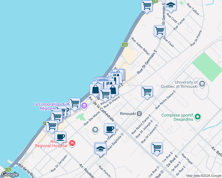 map of restaurants, bars, coffee shops, grocery stores, and more near 80 Rue Saint Germain Est in Rimouski