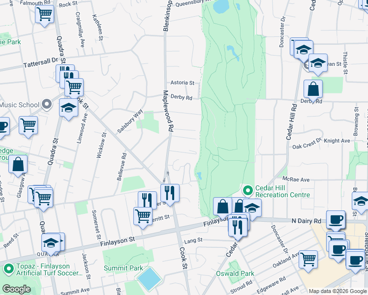 map of restaurants, bars, coffee shops, grocery stores, and more near 1286 Oakmount Road in Victoria