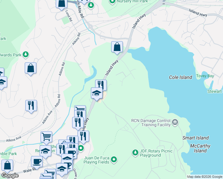 map of restaurants, bars, coffee shops, grocery stores, and more near 639 Kildew Rd in Victoria