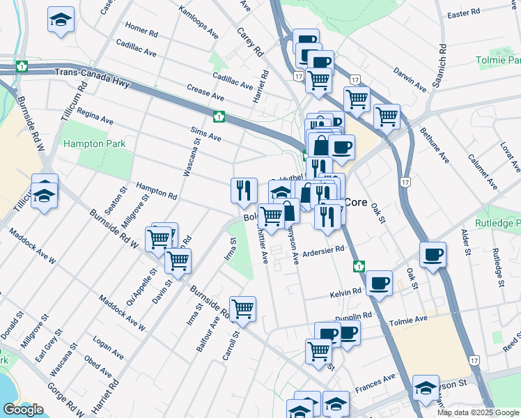 map of restaurants, bars, coffee shops, grocery stores, and more near 452 Boleskine Road in Victoria
