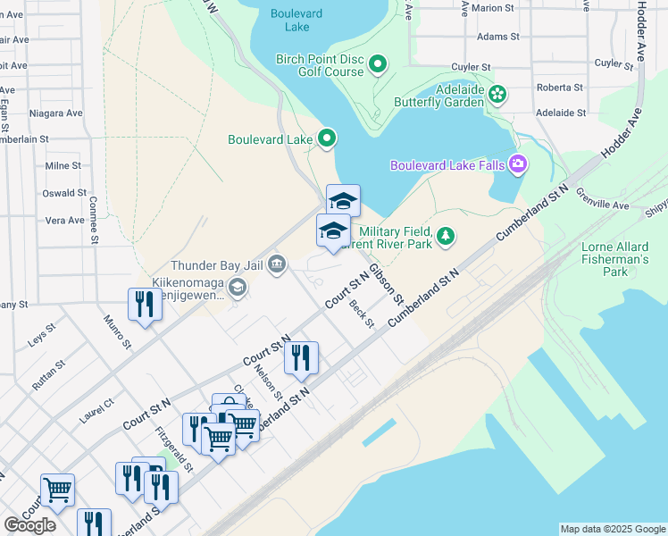 map of restaurants, bars, coffee shops, grocery stores, and more near 285 Gibson Street in Thunder Bay