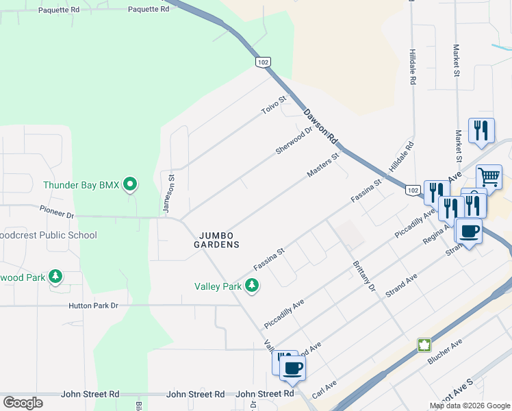 map of restaurants, bars, coffee shops, grocery stores, and more near 250 Masters Street in Thunder Bay