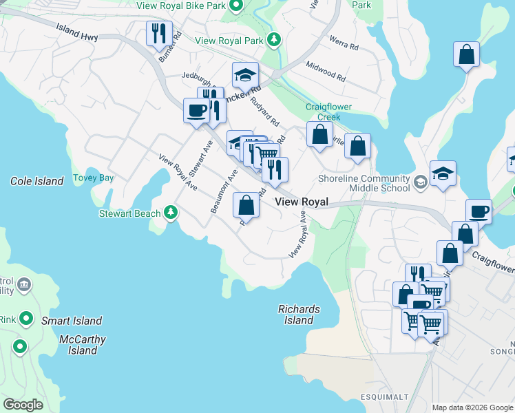 map of restaurants, bars, coffee shops, grocery stores, and more near in Victoria