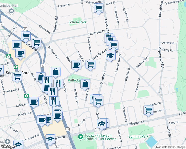 map of restaurants, bars, coffee shops, grocery stores, and more near 3315 Glasgow Avenue in Victoria