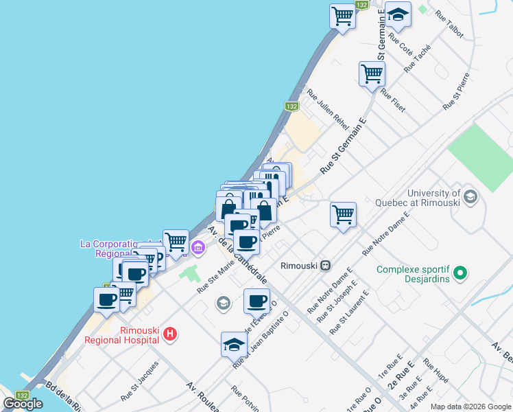 map of restaurants, bars, coffee shops, grocery stores, and more near 70 Rue Saint Germain Est in Rimouski