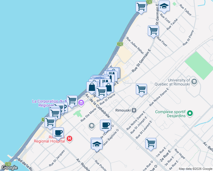 map of restaurants, bars, coffee shops, grocery stores, and more near 70 Rue Saint Germain Est in Rimouski