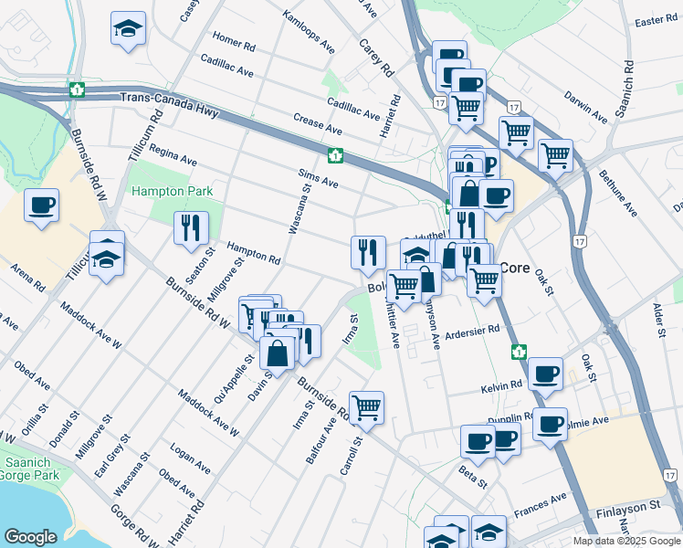 map of restaurants, bars, coffee shops, grocery stores, and more near 24 Hampton Road in Victoria