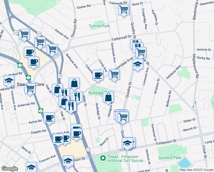 map of restaurants, bars, coffee shops, grocery stores, and more near 960 Inverness Road in Victoria