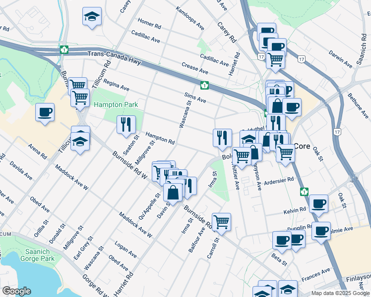 map of restaurants, bars, coffee shops, grocery stores, and more near 79 Hampton Road in Victoria