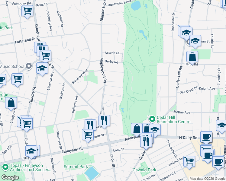 map of restaurants, bars, coffee shops, grocery stores, and more near 1286 Oakmount Road in Victoria