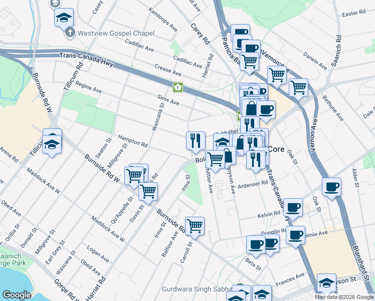 map of restaurants, bars, coffee shops, grocery stores, and more near in Victoria