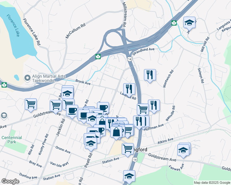 map of restaurants, bars, coffee shops, grocery stores, and more near Peatt Road in Victoria