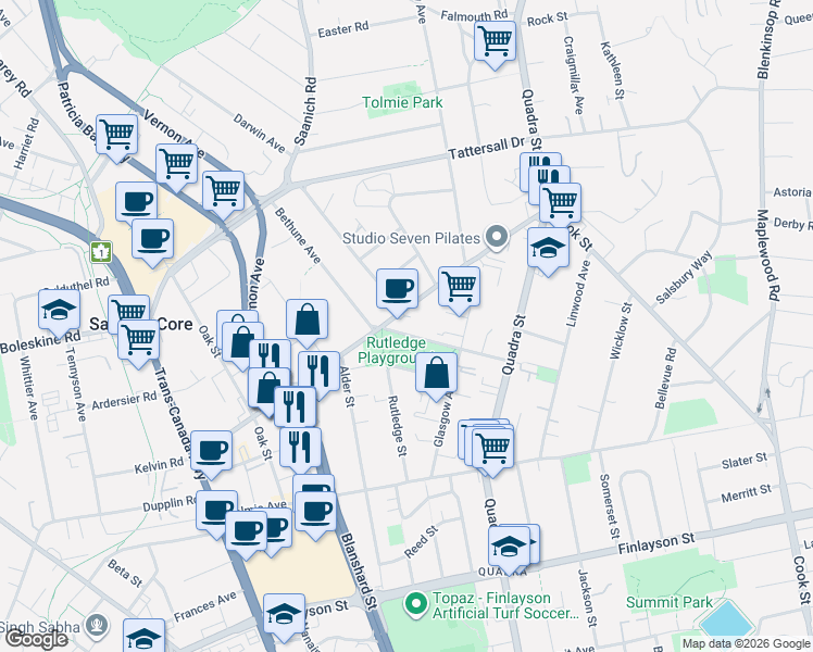 map of restaurants, bars, coffee shops, grocery stores, and more near 935 Cloverdale Avenue in Victoria