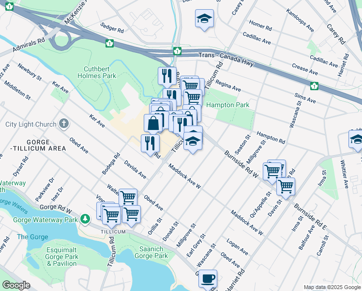 map of restaurants, bars, coffee shops, grocery stores, and more near 3133 Tillicum Road in Victoria