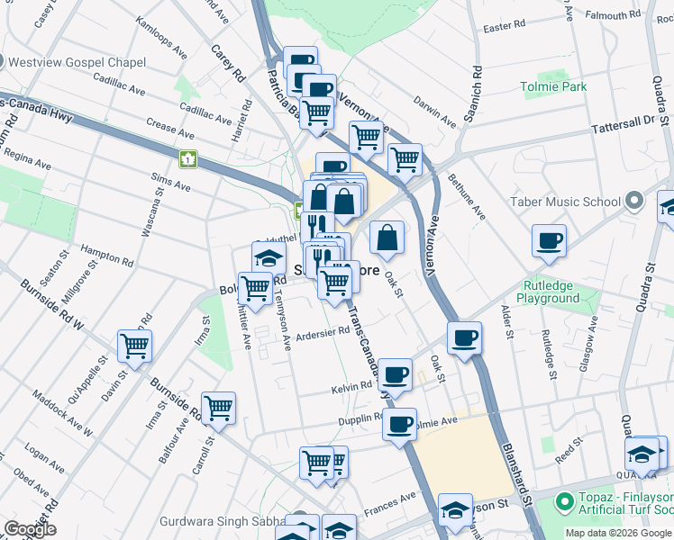 map of restaurants, bars, coffee shops, grocery stores, and more near in Saanich Core