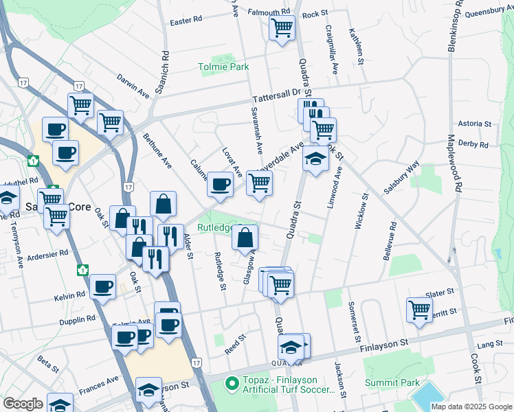 map of restaurants, bars, coffee shops, grocery stores, and more near 3330 Glasgow Avenue in Victoria