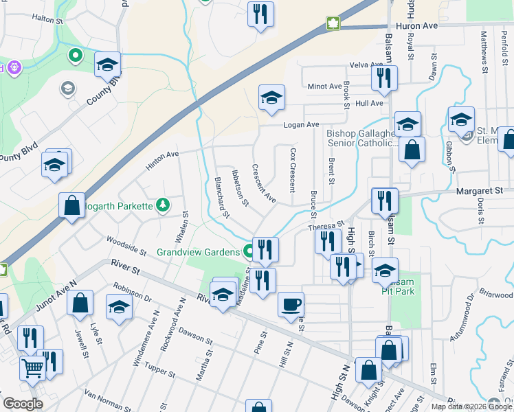 map of restaurants, bars, coffee shops, grocery stores, and more near 112 Ibbetson Street in Thunder Bay