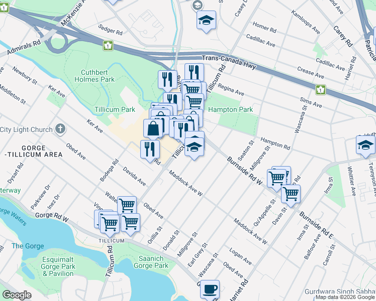 map of restaurants, bars, coffee shops, grocery stores, and more near 3133 Tillicum Road in Victoria