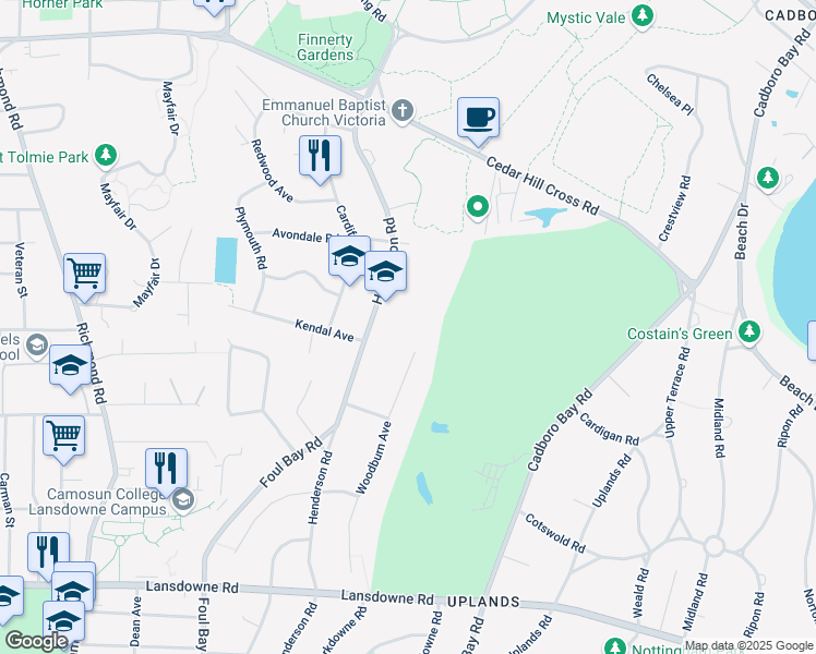 map of restaurants, bars, coffee shops, grocery stores, and more near 3461 Henderson Road in Victoria