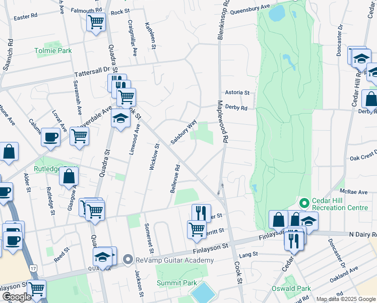 map of restaurants, bars, coffee shops, grocery stores, and more near 1245 Crown Crescent in Victoria
