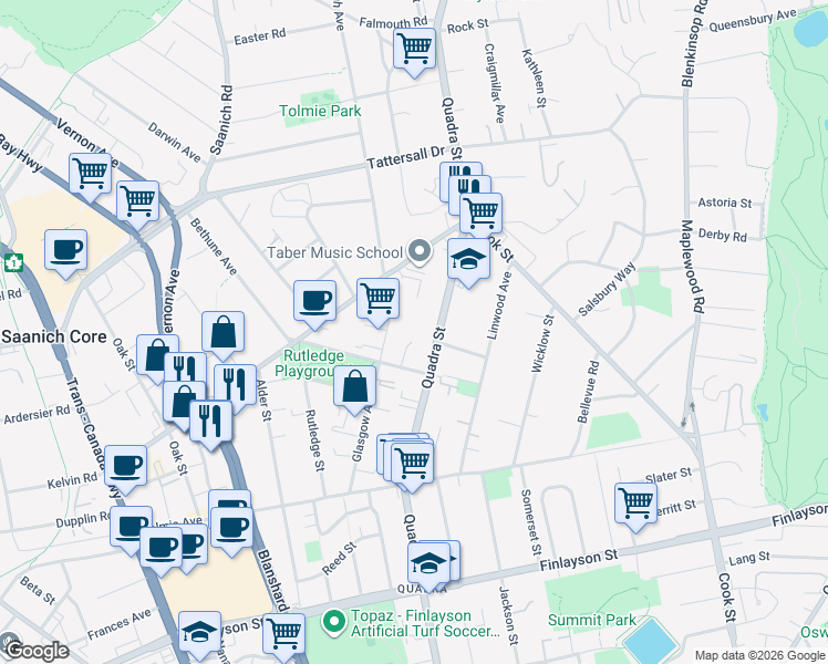 map of restaurants, bars, coffee shops, grocery stores, and more near in Victoria