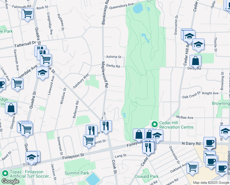 map of restaurants, bars, coffee shops, grocery stores, and more near 1286 Oakmount Road in Victoria