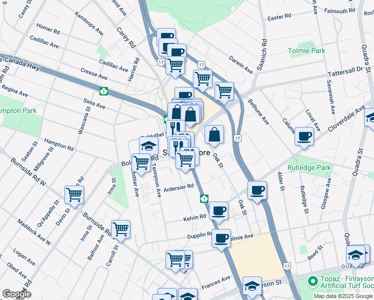 map of restaurants, bars, coffee shops, grocery stores, and more near 3555 Douglas Street in Victoria