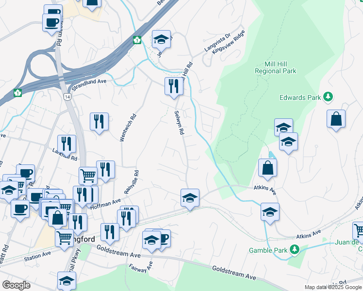 map of restaurants, bars, coffee shops, grocery stores, and more near 2646 Selwyn Road in Victoria