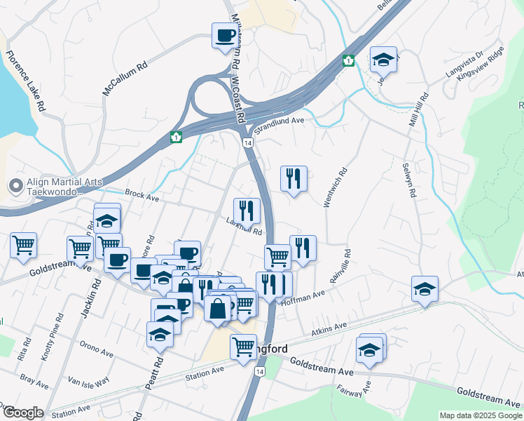 map of restaurants, bars, coffee shops, grocery stores, and more near 769 Arncote Avenue in Victoria