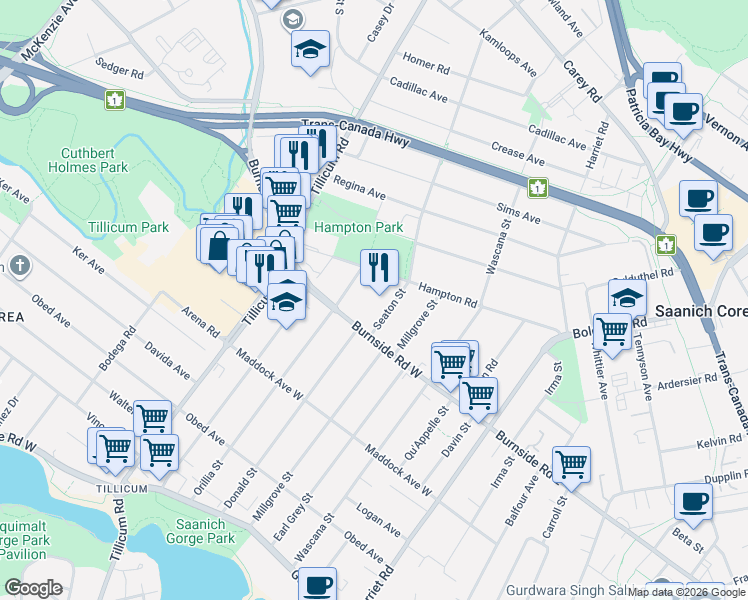 map of restaurants, bars, coffee shops, grocery stores, and more near 3221 Orillia Street in Victoria