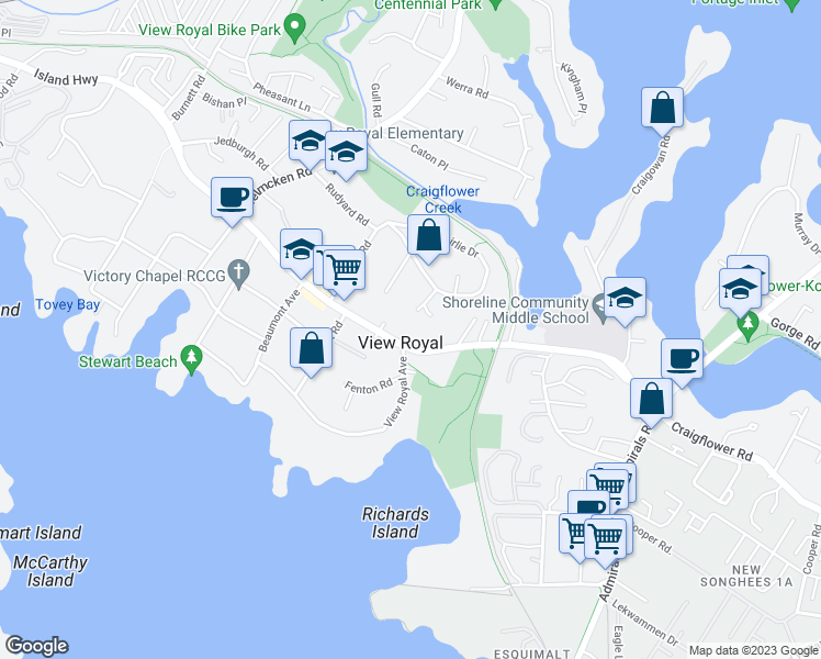 map of restaurants, bars, coffee shops, grocery stores, and more near in Victoria