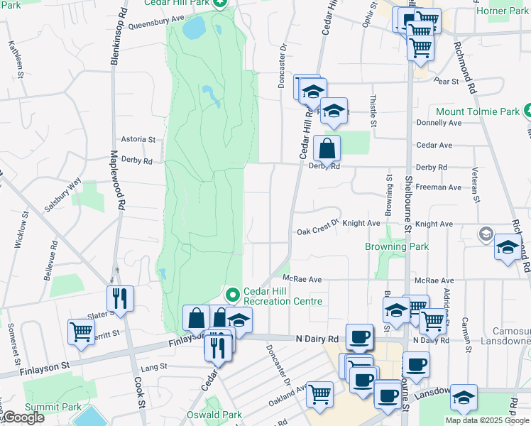 map of restaurants, bars, coffee shops, grocery stores, and more near 3322 Doncaster Drive in Victoria