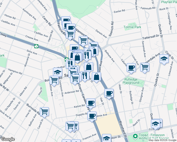 map of restaurants, bars, coffee shops, grocery stores, and more near 3371 Oak Street in Victoria