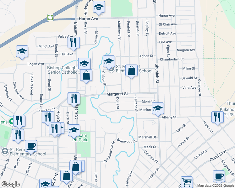 map of restaurants, bars, coffee shops, grocery stores, and more near Margaret Street in Thunder Bay