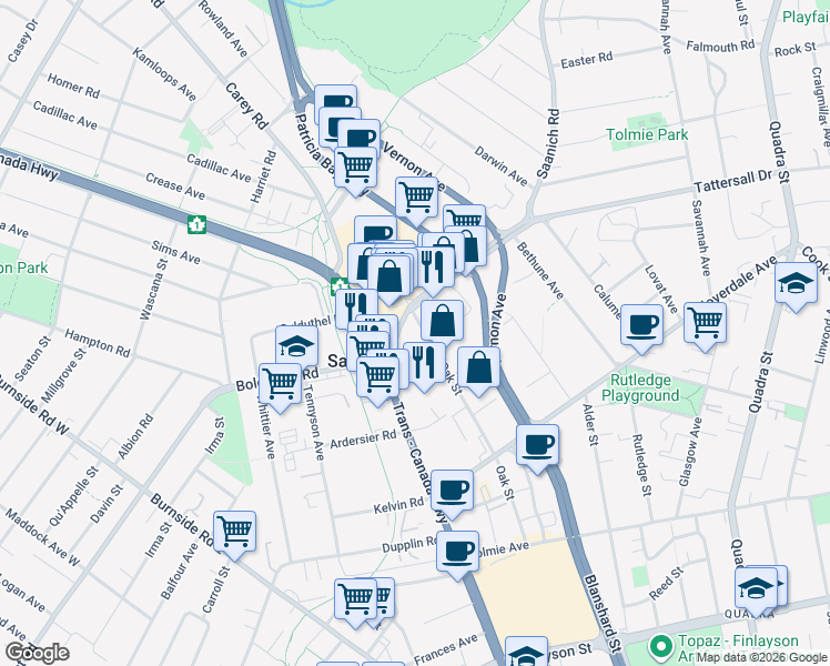 map of restaurants, bars, coffee shops, grocery stores, and more near 3449 Saanich Road in Victoria