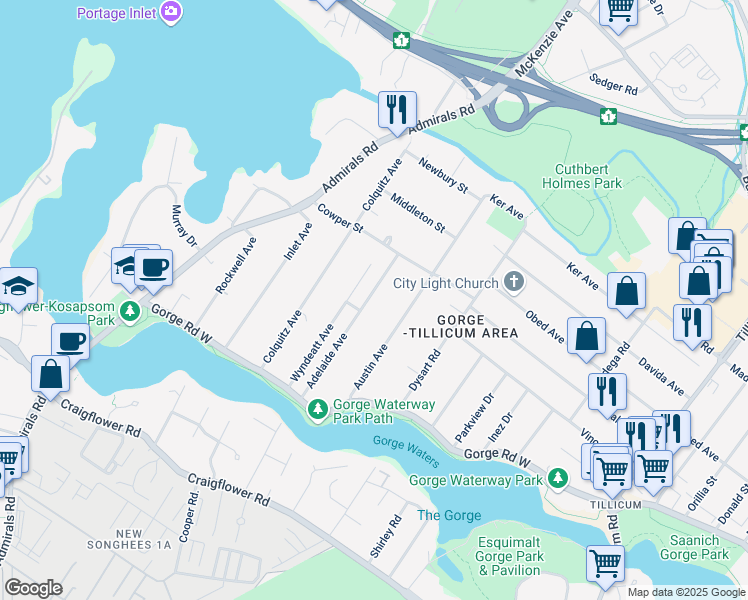 map of restaurants, bars, coffee shops, grocery stores, and more near 2841 Adelaide Avenue in Victoria