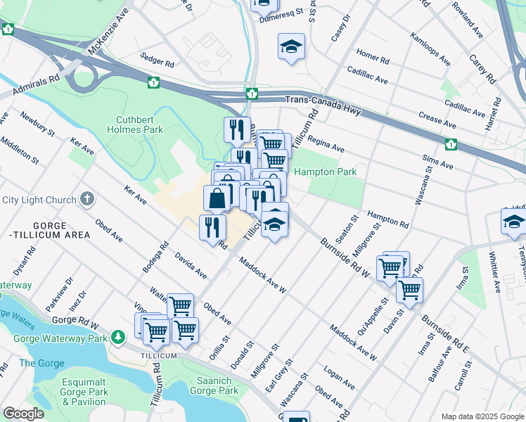 map of restaurants, bars, coffee shops, grocery stores, and more near 3170 Tillicum Road in Victoria