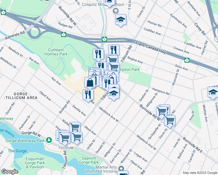 map of restaurants, bars, coffee shops, grocery stores, and more near 3133 Tillicum Road in Victoria