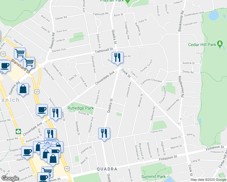 map of restaurants, bars, coffee shops, grocery stores, and more near Quadra Street in Saanich