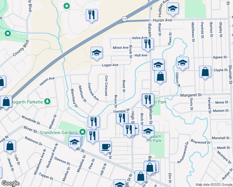 map of restaurants, bars, coffee shops, grocery stores, and more near 163 Bruce Street in Thunder Bay