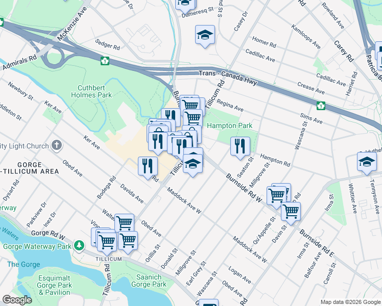 map of restaurants, bars, coffee shops, grocery stores, and more near 3169 Tillicum Road in Victoria