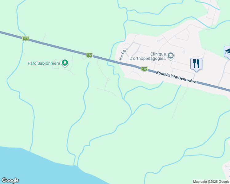 map of restaurants, bars, coffee shops, grocery stores, and more near 75 Rue Louis-Hudon in Saguenay