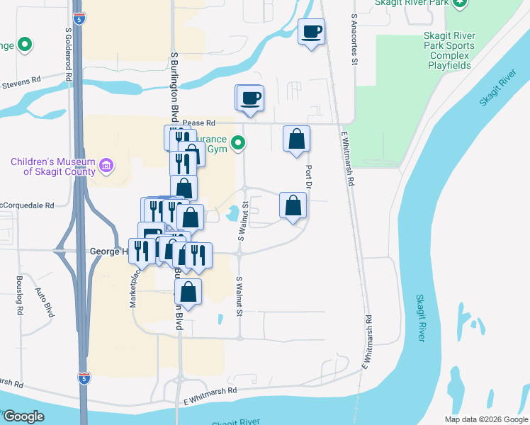 map of restaurants, bars, coffee shops, grocery stores, and more near 1660 South Walnut Street in Burlington
