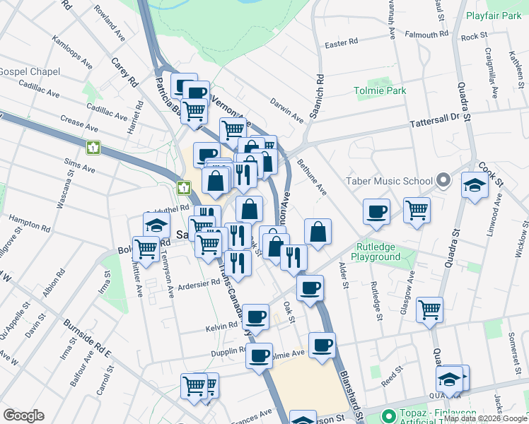 map of restaurants, bars, coffee shops, grocery stores, and more near 881 Short Street in Victoria
