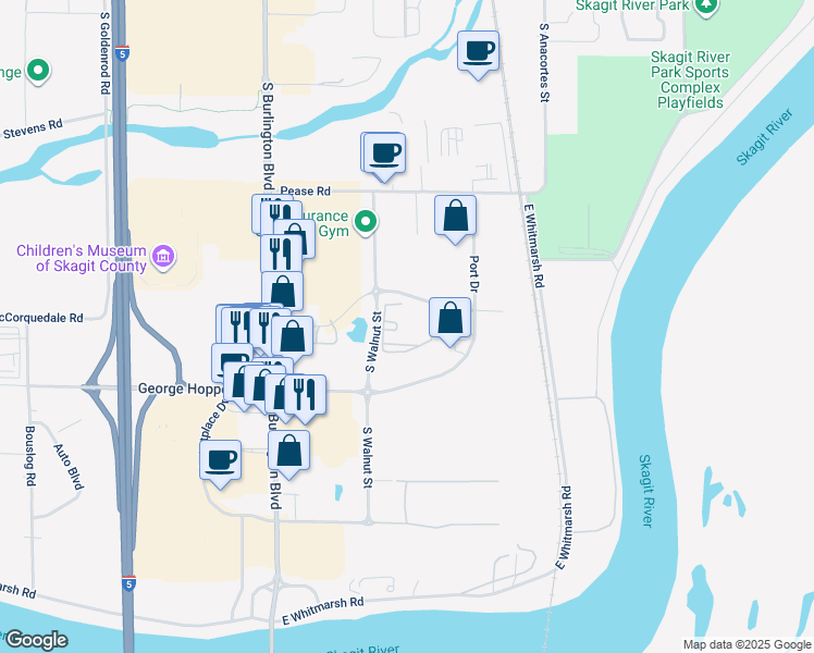 map of restaurants, bars, coffee shops, grocery stores, and more near 1660 South Walnut Street in Burlington