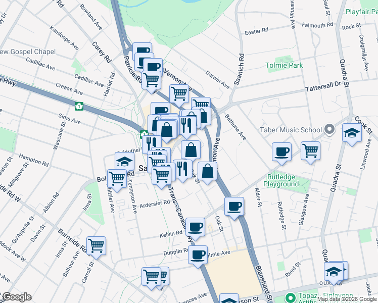 map of restaurants, bars, coffee shops, grocery stores, and more near 3371 Oak Street in Victoria