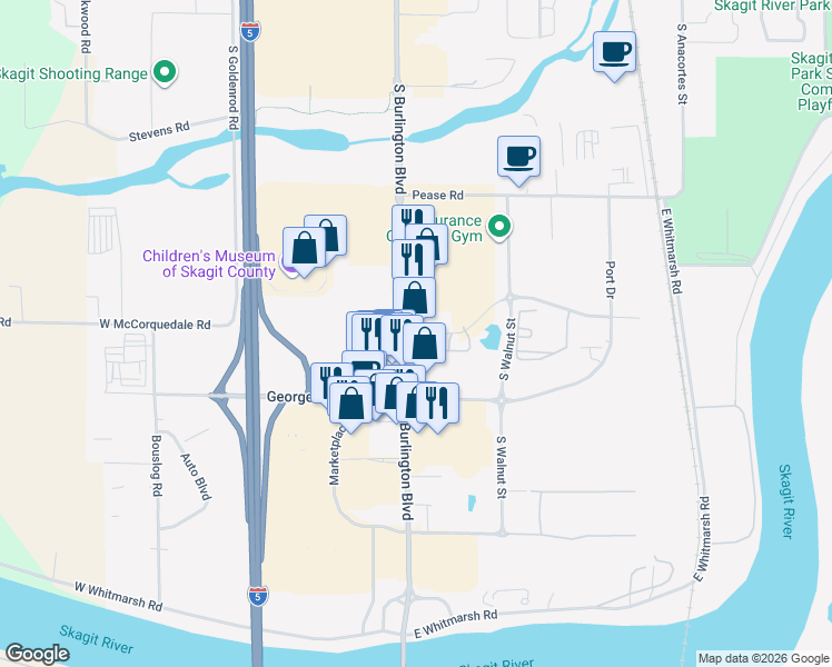map of restaurants, bars, coffee shops, grocery stores, and more near 1761 South Burlington Boulevard in Burlington